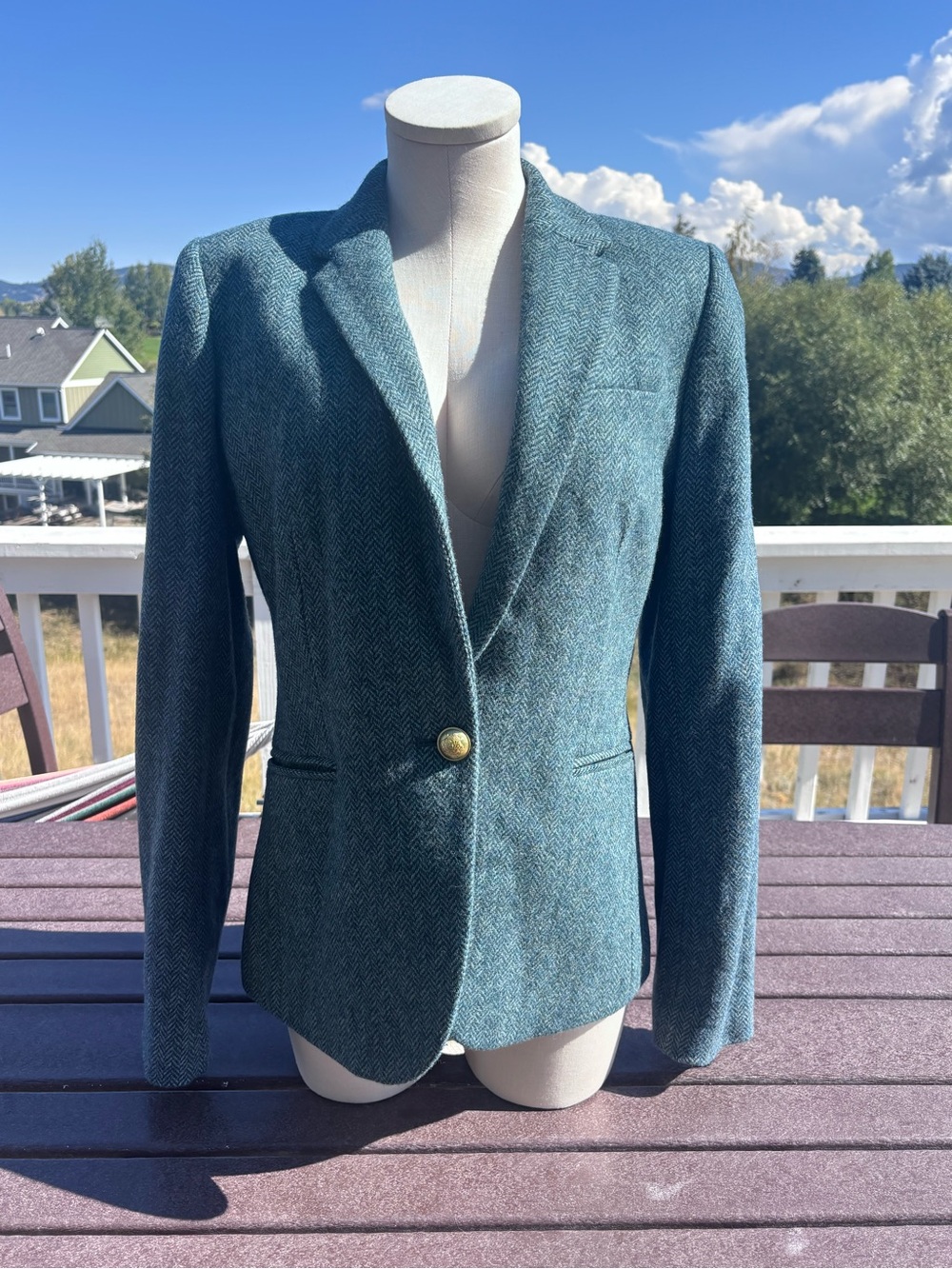 J. Crew Teal Herringbone Blazer with Gold Button